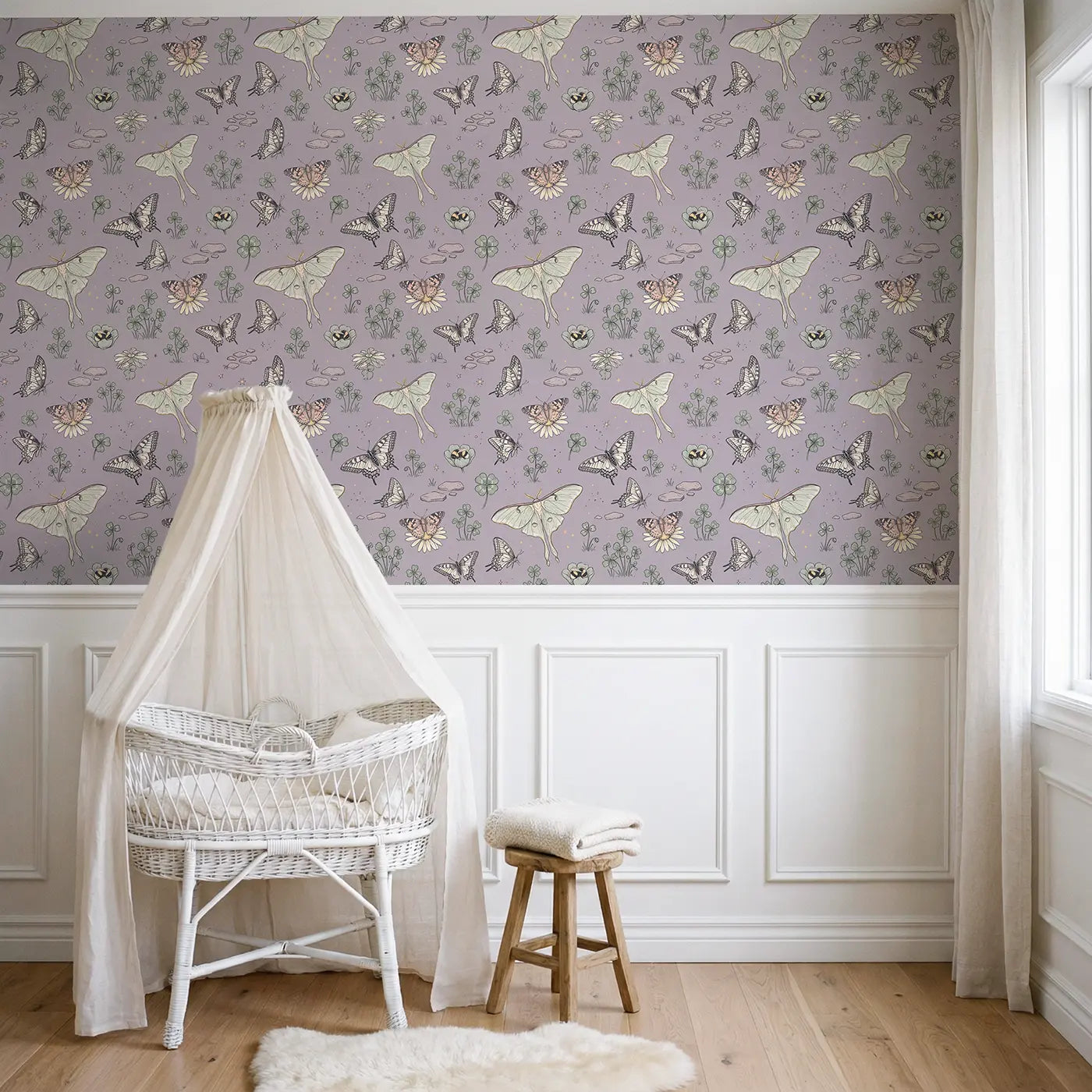Luna Moth Pale Hand-Drawn wallpaper above wainscoting - Whimsy Tots
