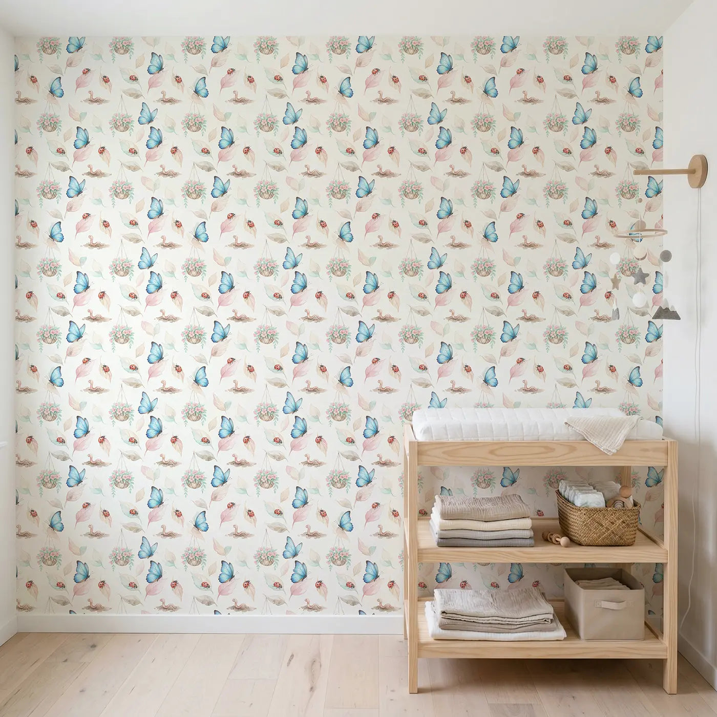 Blue Morpho Butterfly Watercolor II wallpaper in Scandinavian nursery - Whimsy Tots