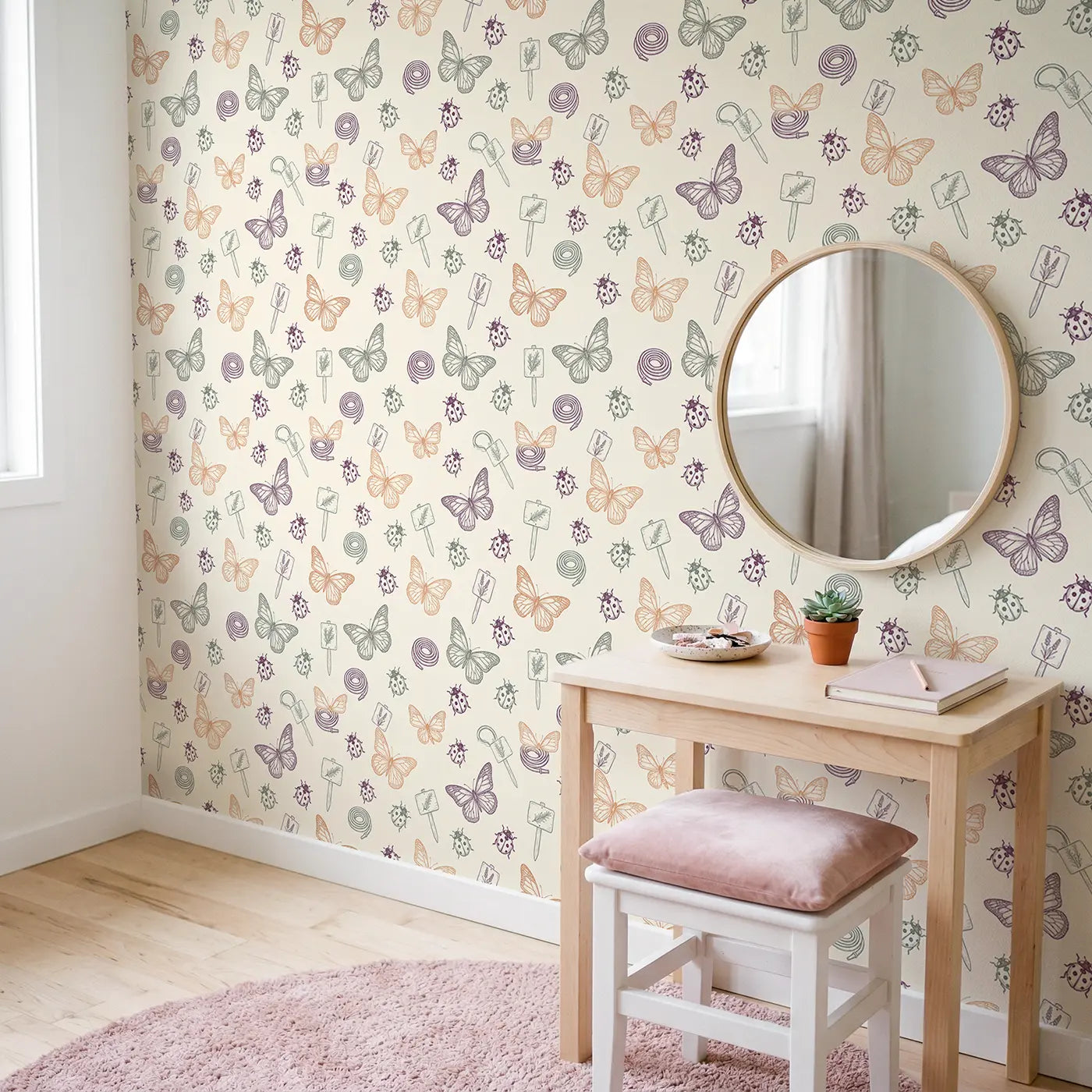 Monarch Butterfly Mid-Flight Hand-Drawn wallpaper in Scandinavian nursery - Whimsy Tots