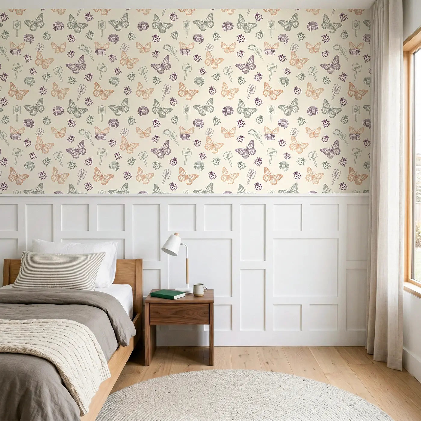 Monarch Butterfly Mid-Flight Hand-Drawn wallpaper above wainscoting - Whimsy Tots