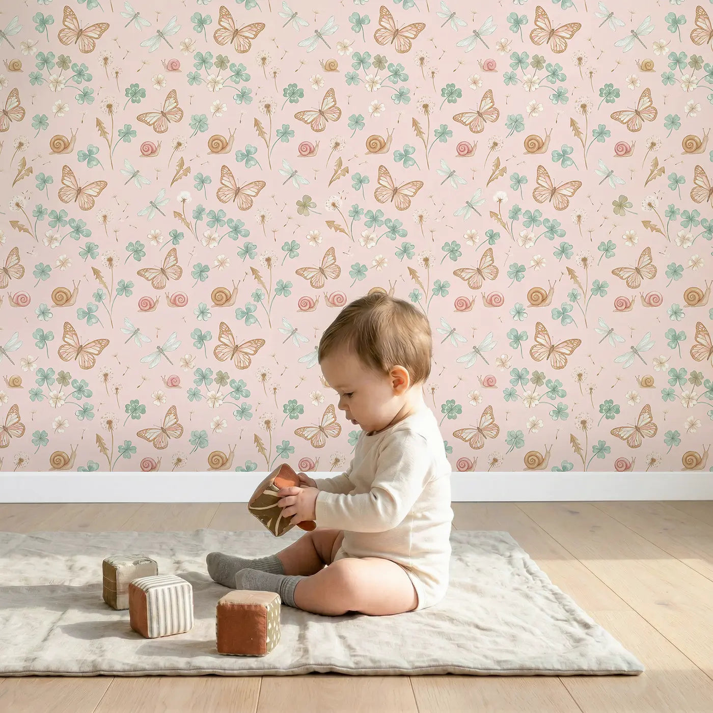 Monarch Butterfly Mid-Flight Ditsy Floral wallpaper in styled kids room - Whimsy Tots
