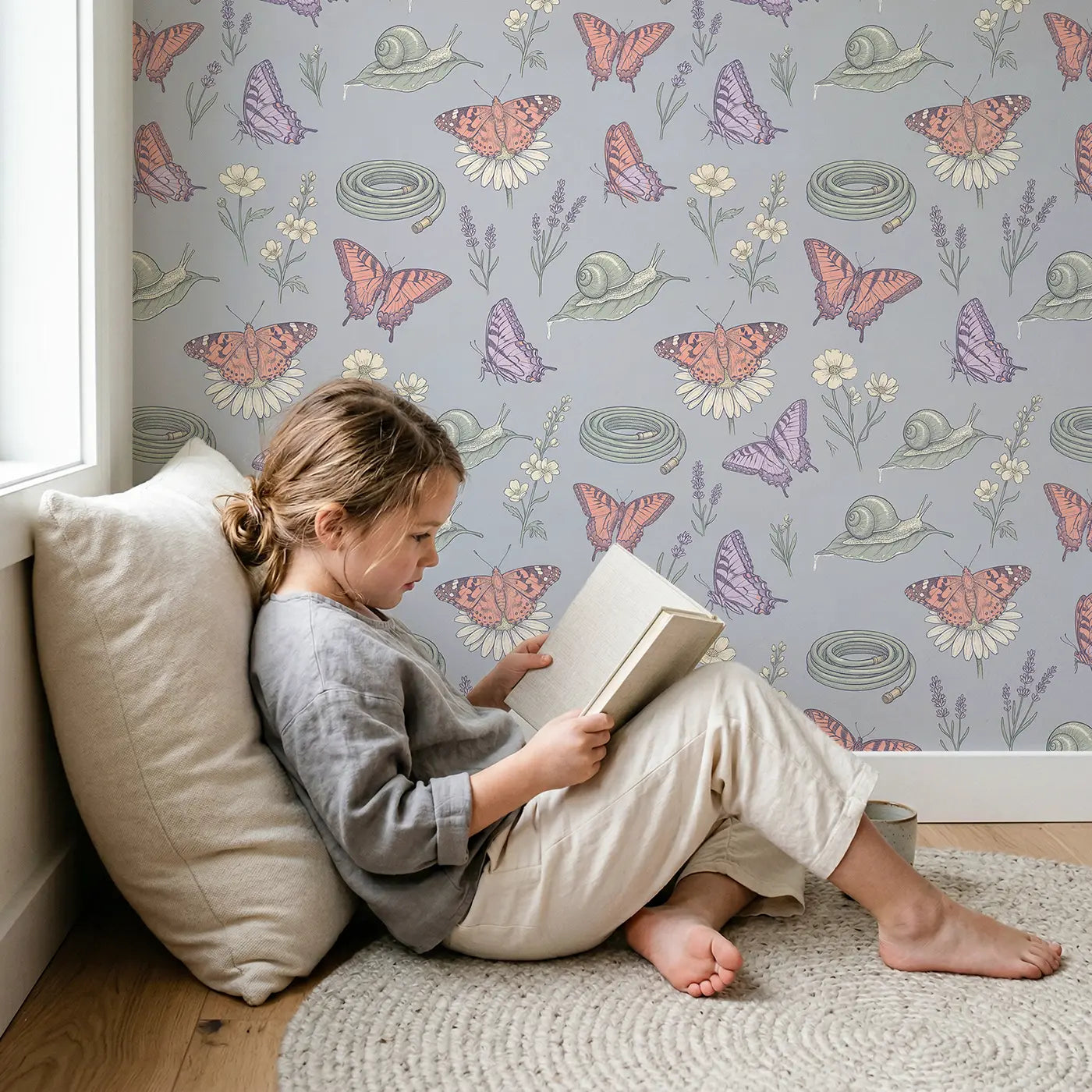 Painted Lady Resting Hand-Drawn wallpaper in styled kids room - Whimsy Tots