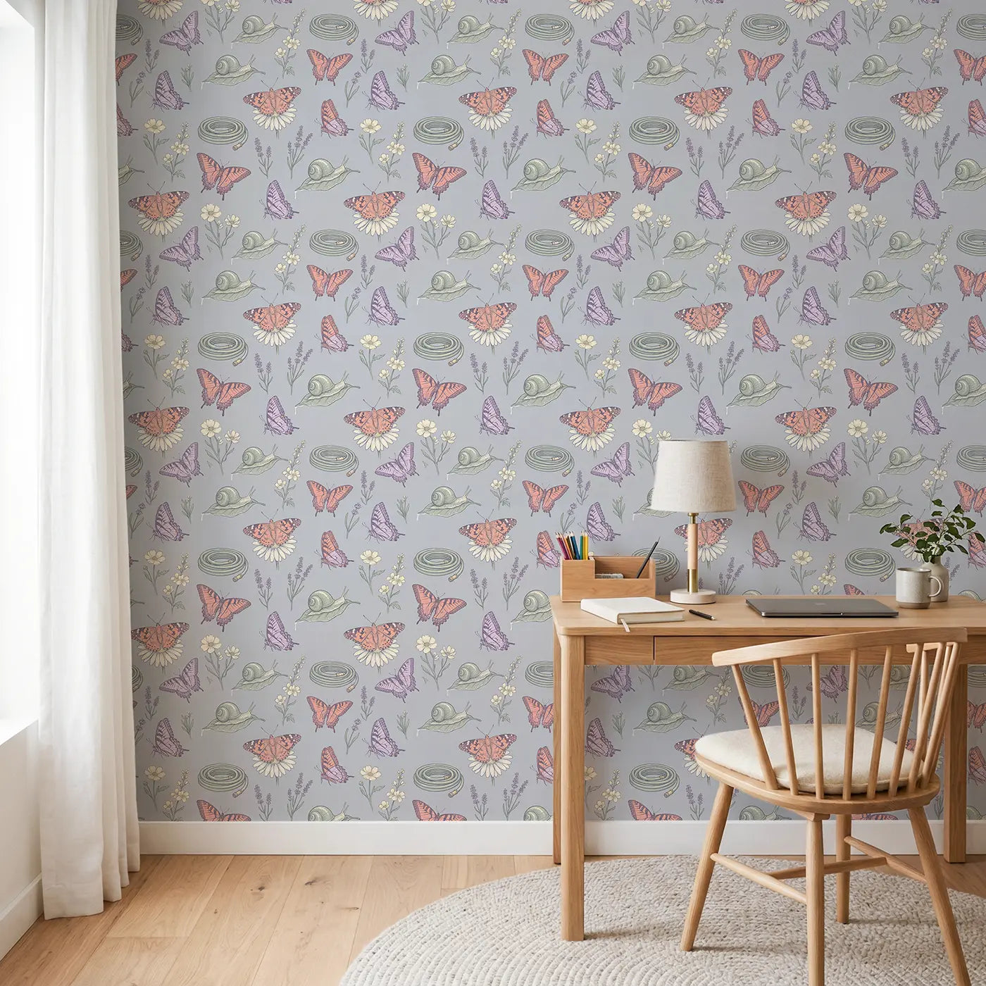 Painted Lady Resting Hand-Drawn wallpaper in Scandinavian nursery - Whimsy Tots