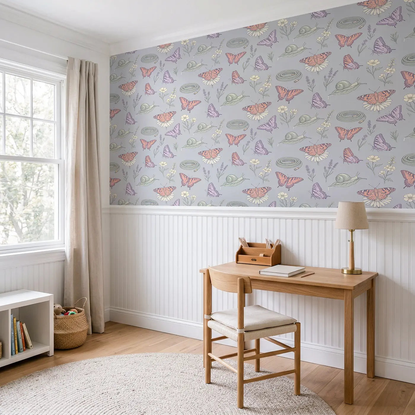 Painted Lady Resting Hand-Drawn wallpaper above wainscoting - Whimsy Tots
