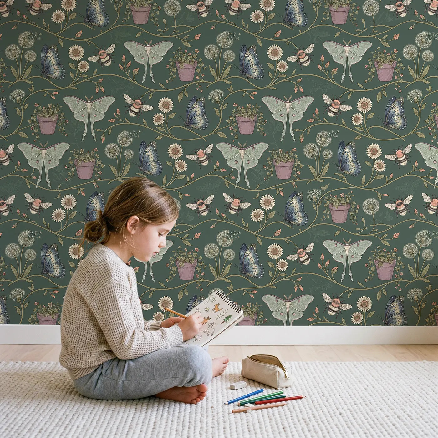 Luna Moth Pale Botanical Elegance wallpaper in styled kids room - Whimsy Tots