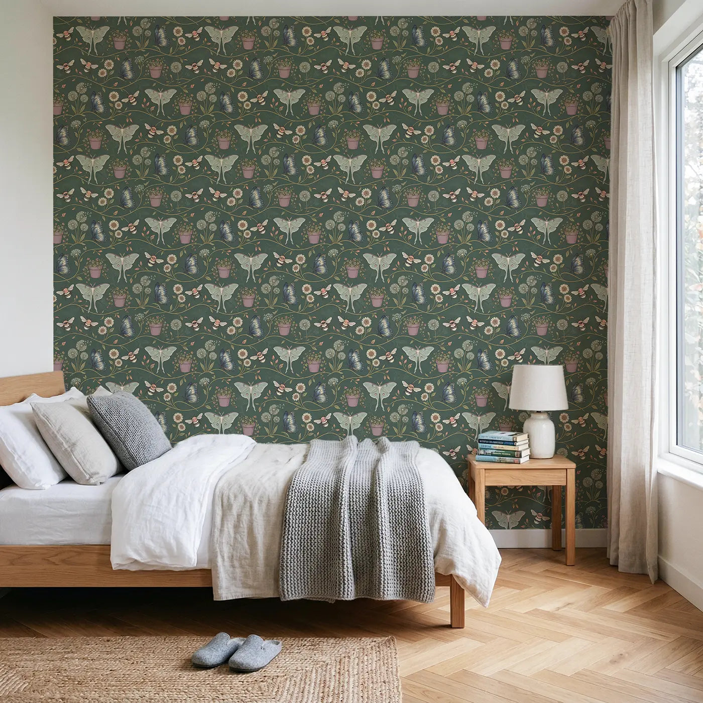 Luna Moth Pale Botanical Elegance wallpaper in Scandinavian nursery - Whimsy Tots