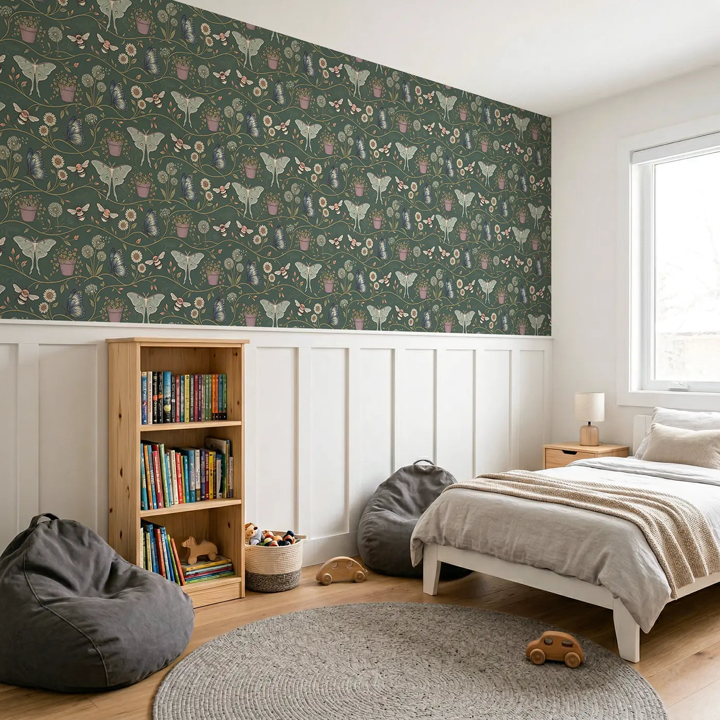 Luna Moth Pale Botanical Elegance wallpaper above wainscoting - Whimsy Tots