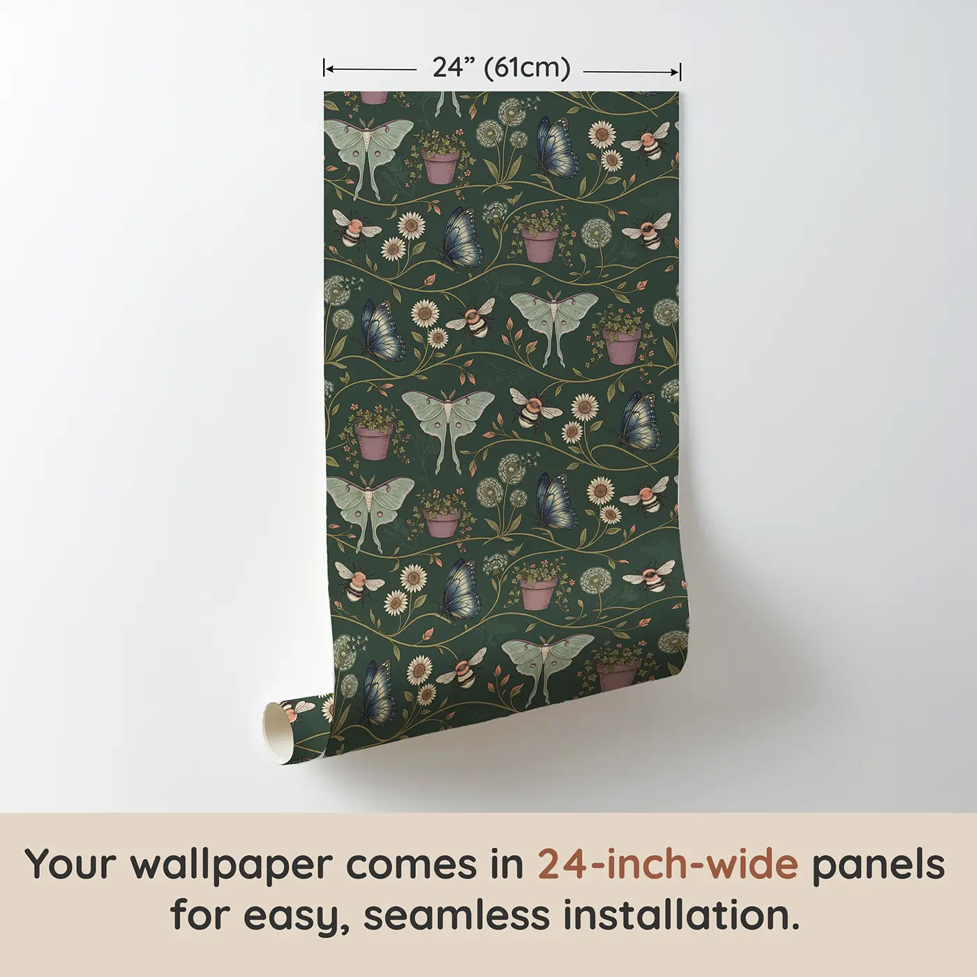 Luna Moth Pale Botanical Elegance wallpaper panel dimensions - Whimsy Tots