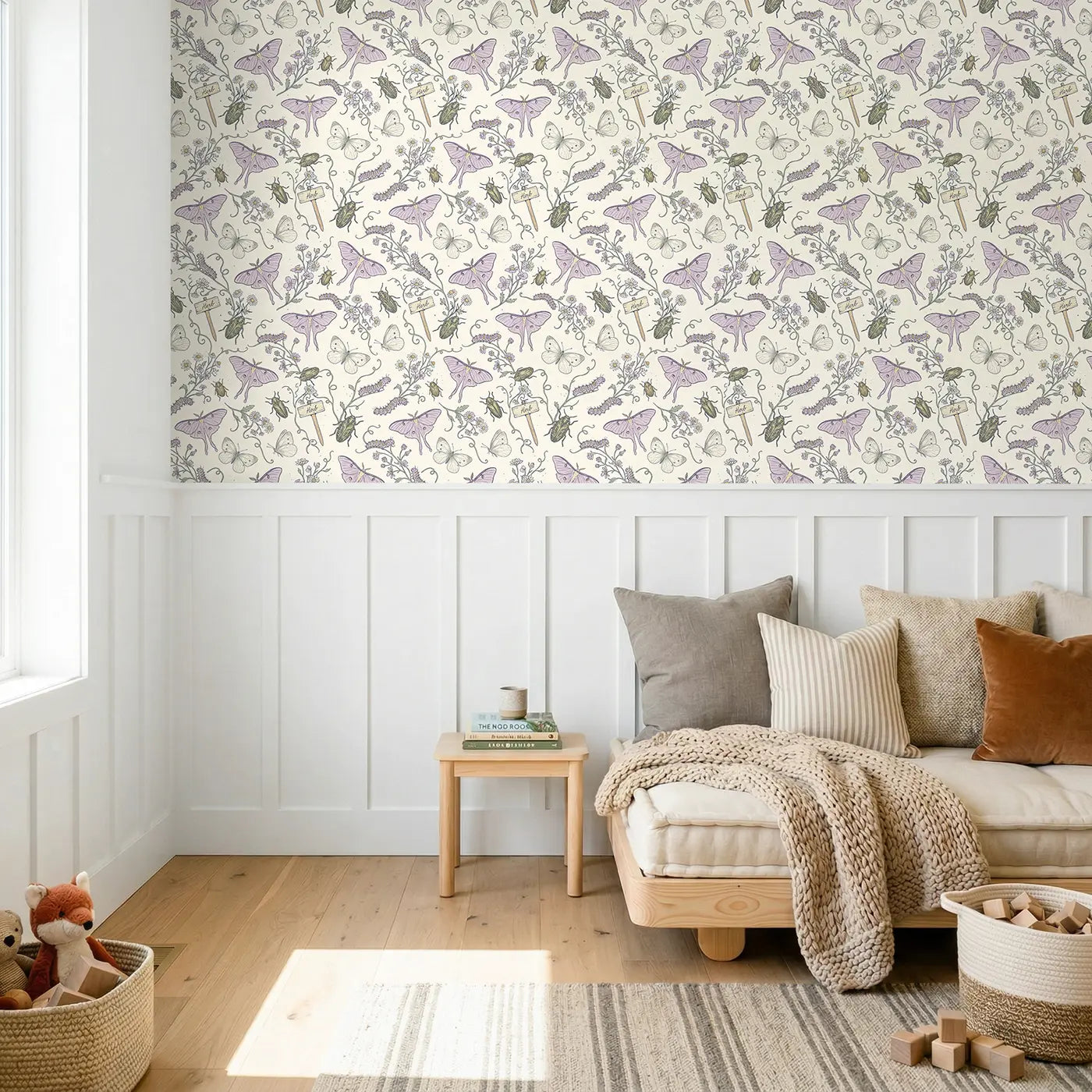 Delicate Cabbage Hand-Drawn wallpaper above wainscoting - Whimsy Tots