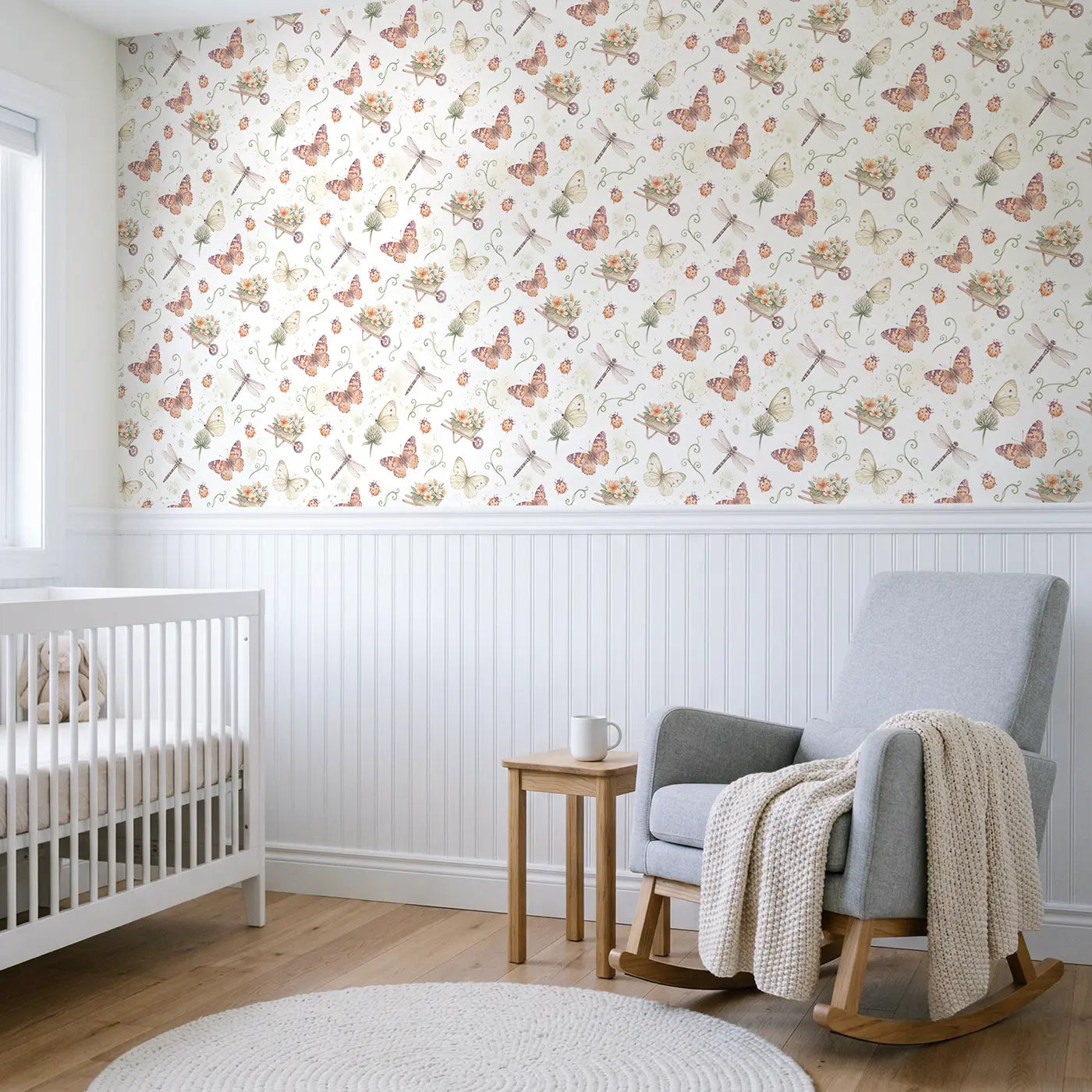 Painted Lady Butterfly Watercolor III wallpaper above wainscoting - Whimsy Tots