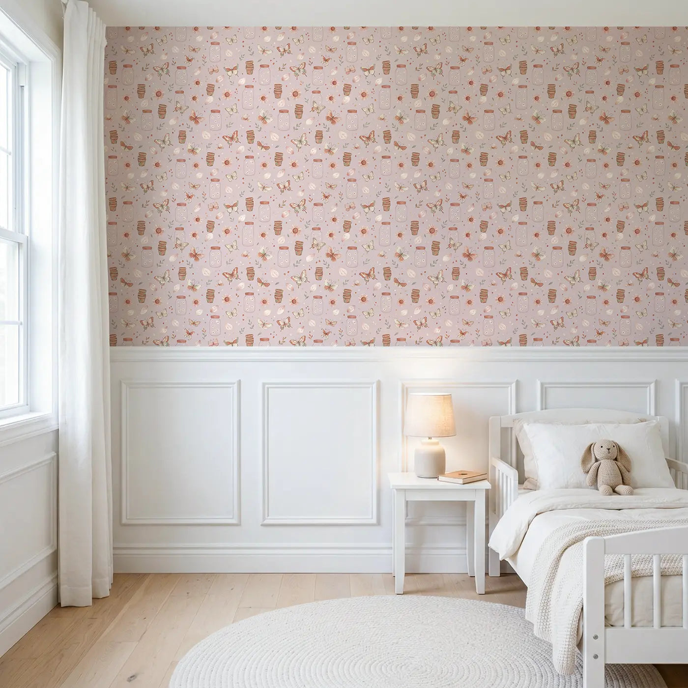 Swallowtail Butterfly Elegant Ditsy Floral wallpaper above wainscoting - Whimsy Tots
