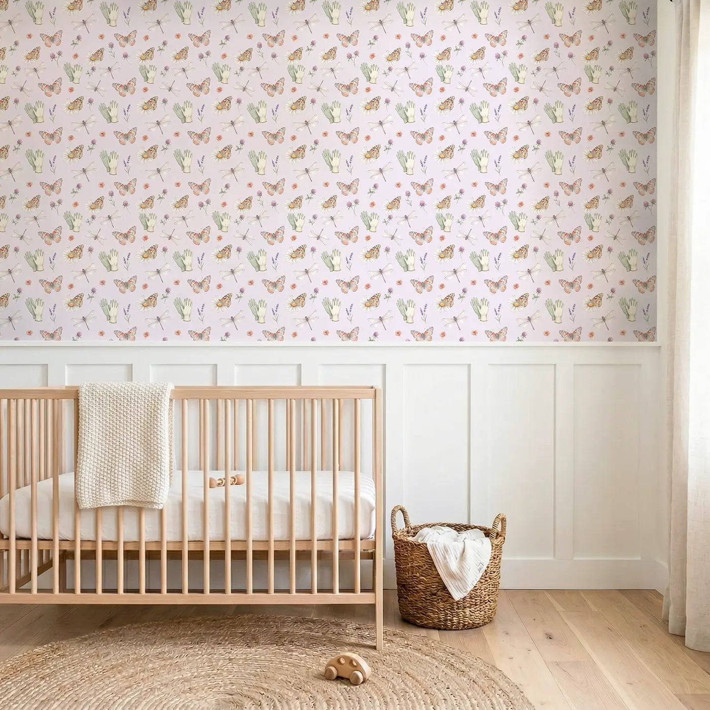 Butterfly Watercolor-Washed Watercolor wallpaper above wainscoting - Whimsy Tots