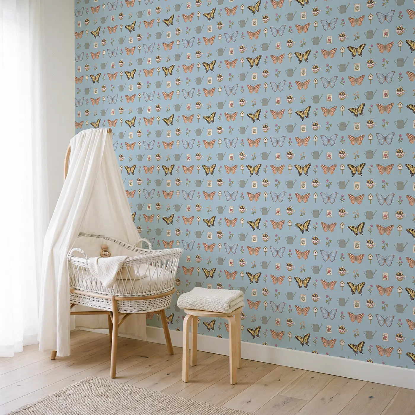 Blue Morpho Gliding Ditsy Floral wallpaper in Scandinavian nursery - Whimsy Tots