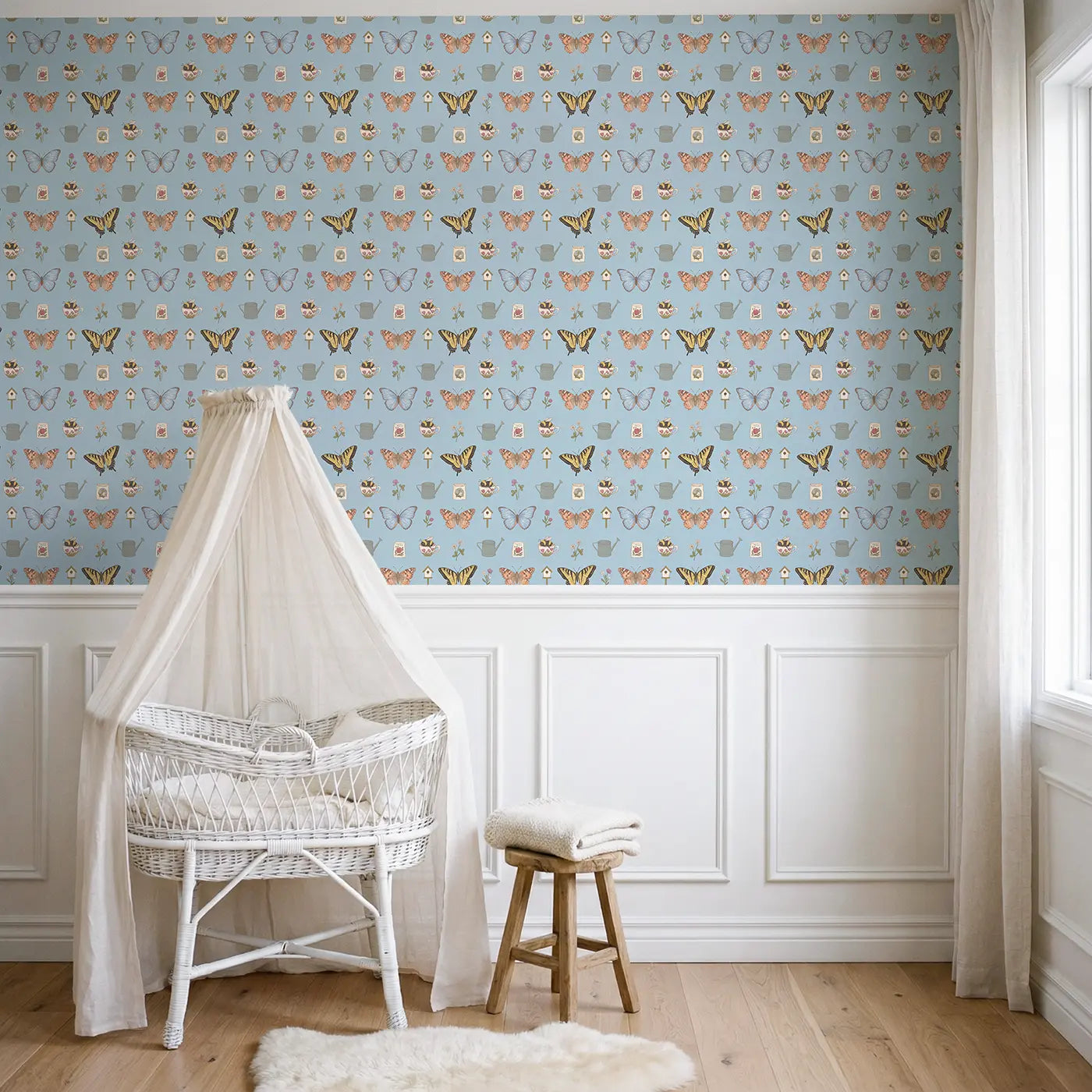 Blue Morpho Gliding Ditsy Floral wallpaper above wainscoting - Whimsy Tots