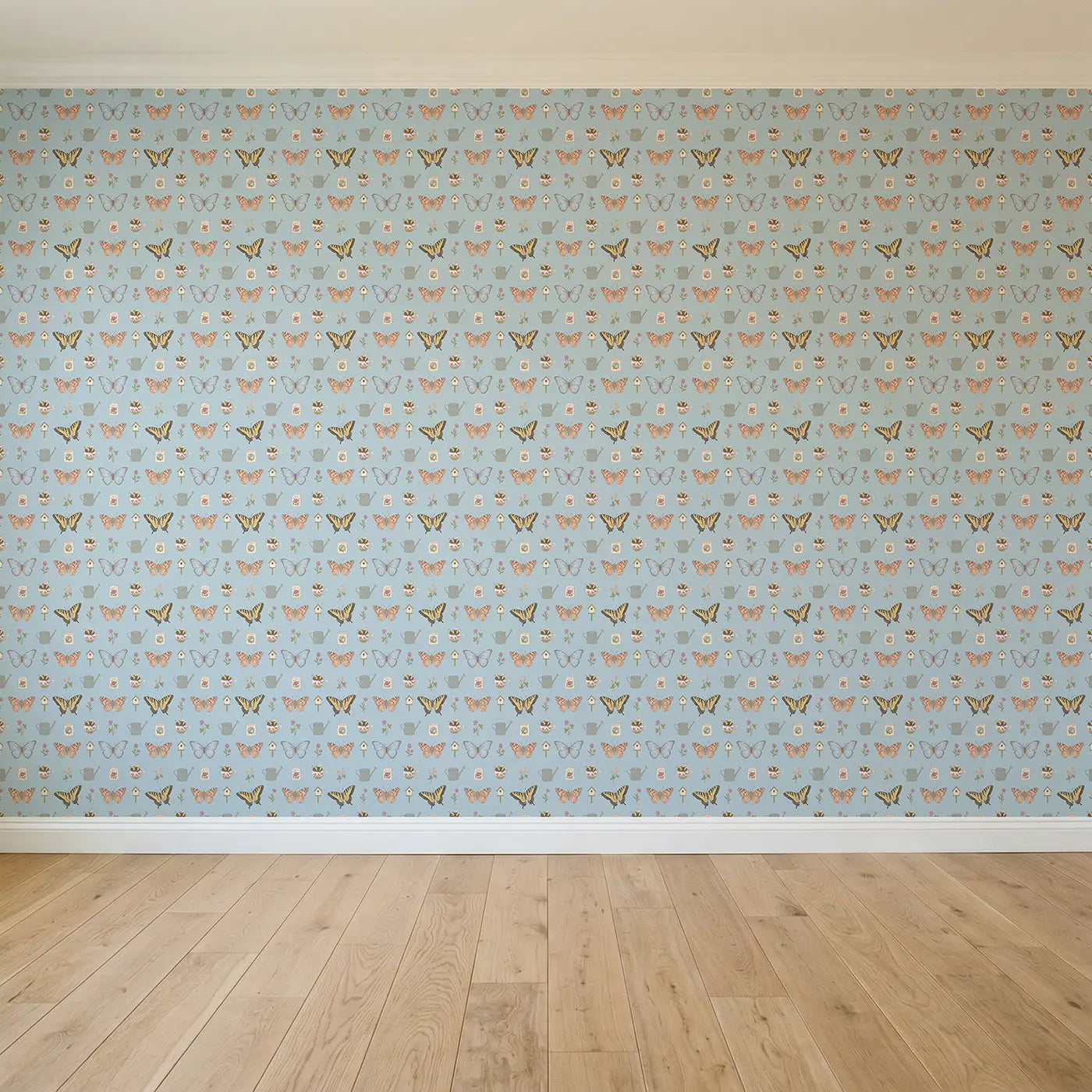 Blue Morpho Gliding Ditsy Floral seamless wallpaper full pattern - Whimsy Tots