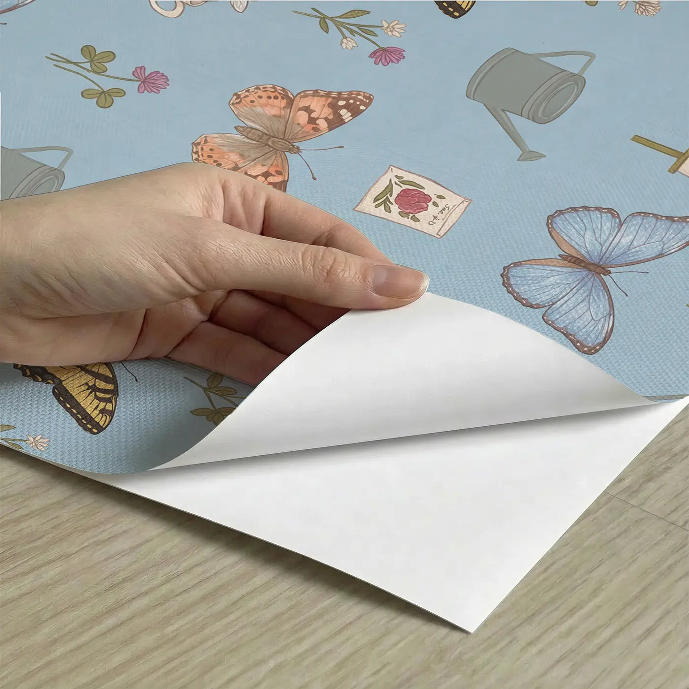 Blue Morpho Gliding Ditsy Floral peel and stick material close-up - Whimsy Tots