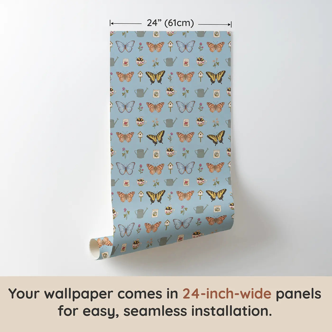 Blue Morpho Gliding Ditsy Floral wallpaper panel dimensions - Whimsy Tots