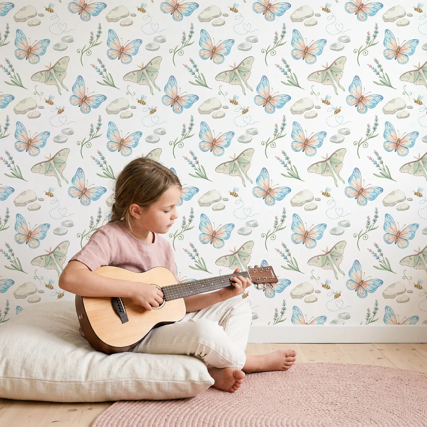 Luna Moth Watercolor wallpaper in styled kids room - Whimsy Tots