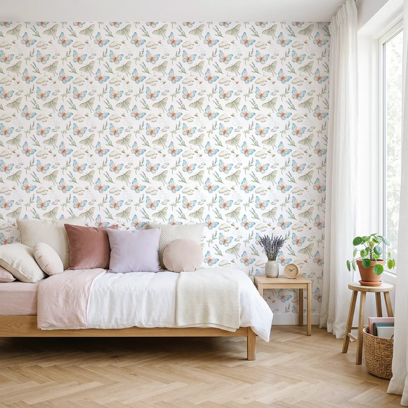 Luna Moth Watercolor wallpaper in Scandinavian nursery - Whimsy Tots