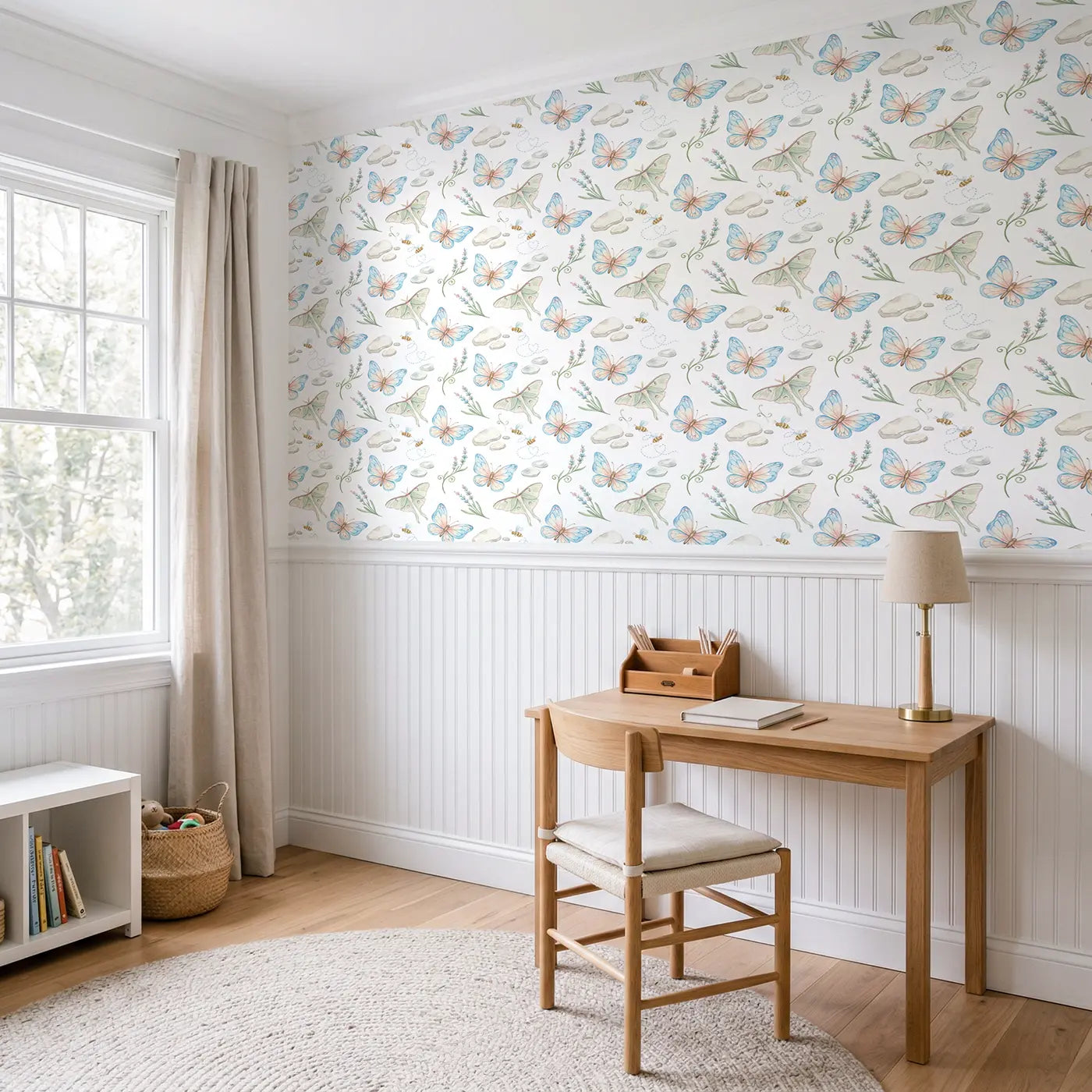 Luna Moth Watercolor wallpaper above wainscoting - Whimsy Tots
