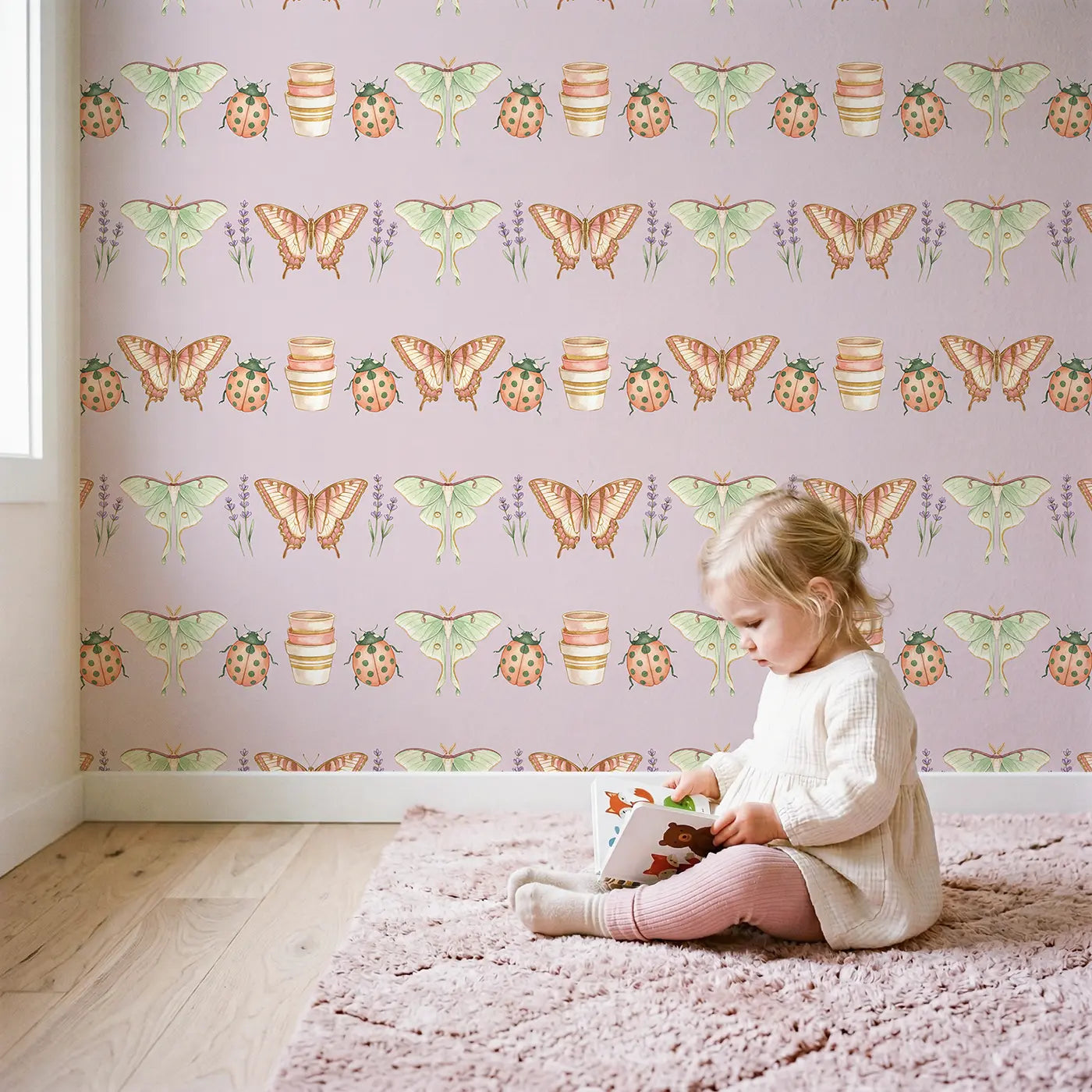 Tiger Swallowtail Bold Ditsy Floral wallpaper in styled kids room - Whimsy Tots