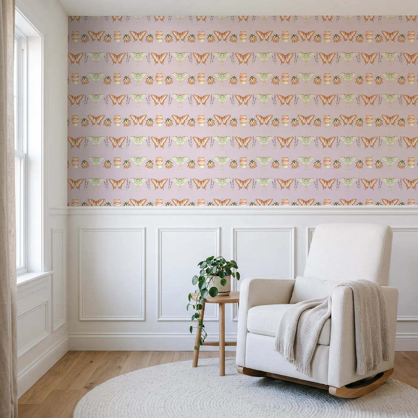 Tiger Swallowtail Bold Ditsy Floral wallpaper above wainscoting - Whimsy Tots