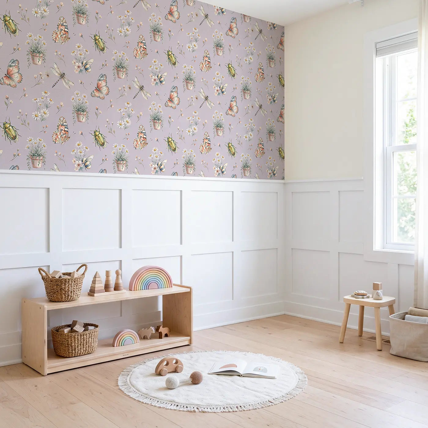 Painted Lady Flight Watercolor wallpaper above wainscoting - Whimsy Tots