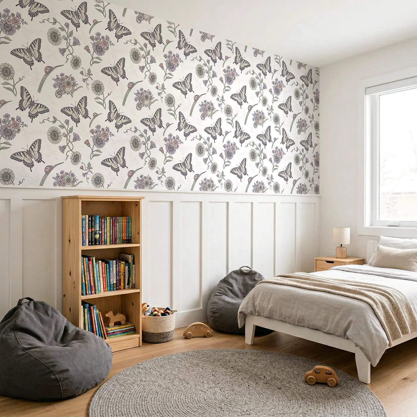Tiger Swallowtail Bold Botanical Elegance II wallpaper above wainscoting - Whimsy Tots
