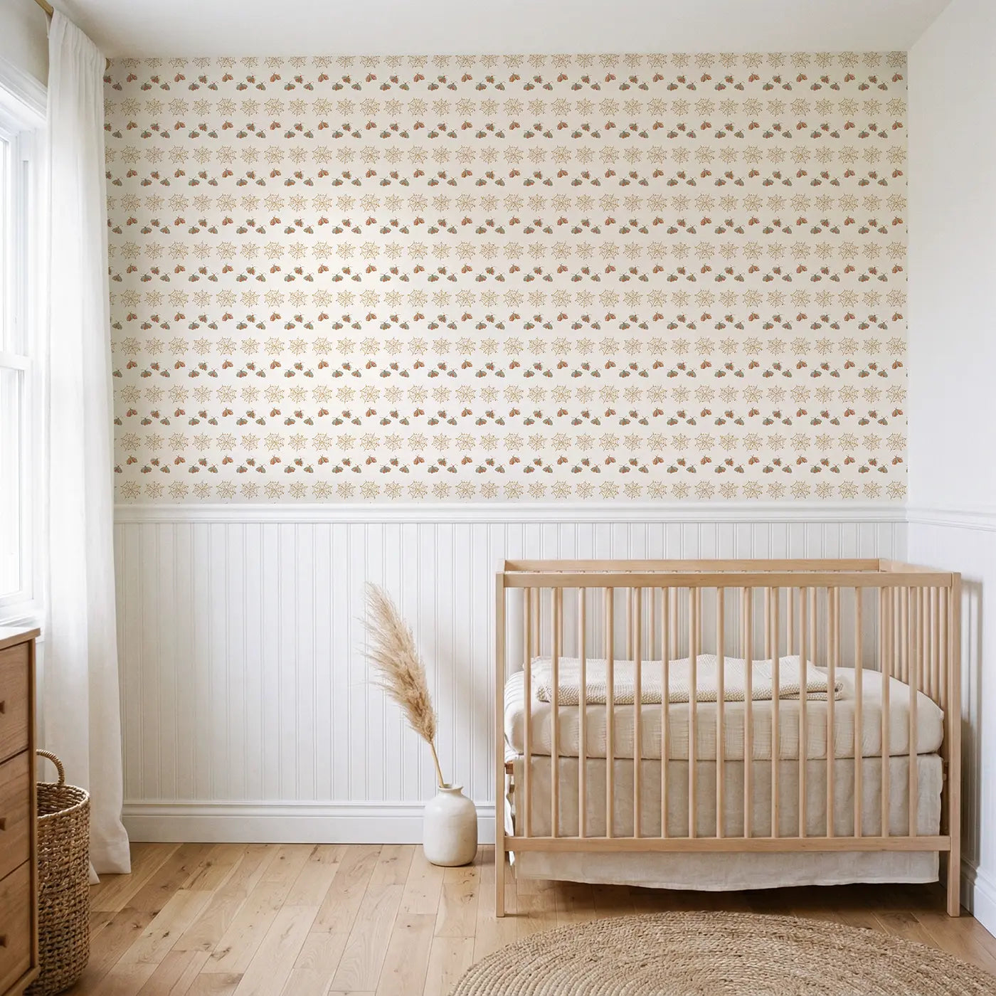 Dew-Dropped Spider Ditsy Floral wallpaper above wainscoting - Whimsy Tots