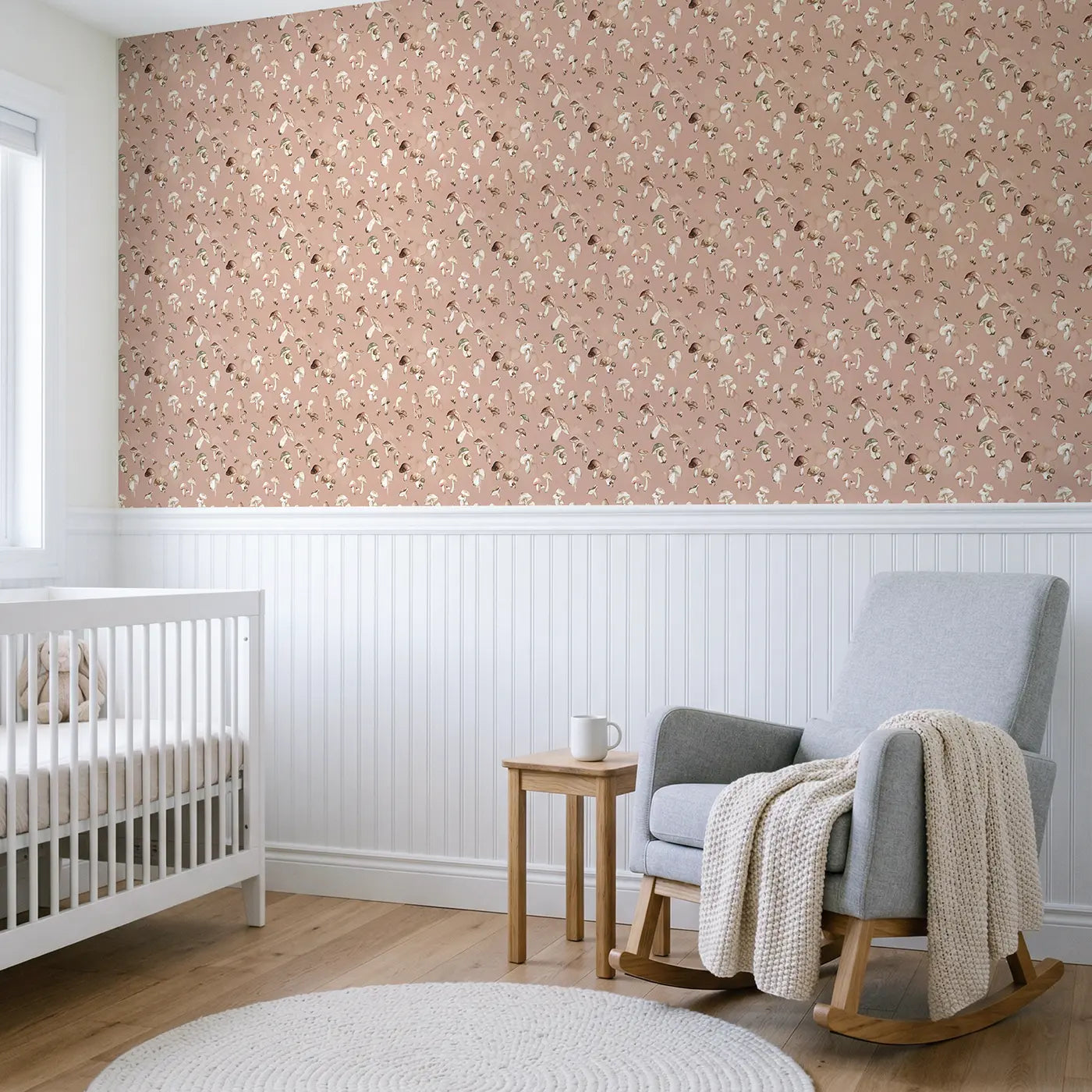 Brown Cream Watercolor wallpaper above wainscoting - Whimsy Tots