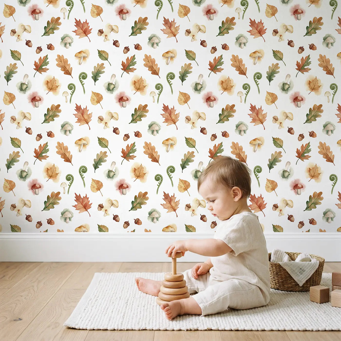 Fallen Autumn Watercolor wallpaper in styled kids room - Whimsy Tots