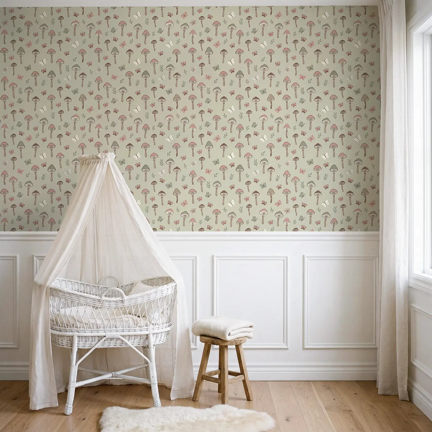 Tall Skinny Block Print wallpaper above wainscoting - Whimsy Tots