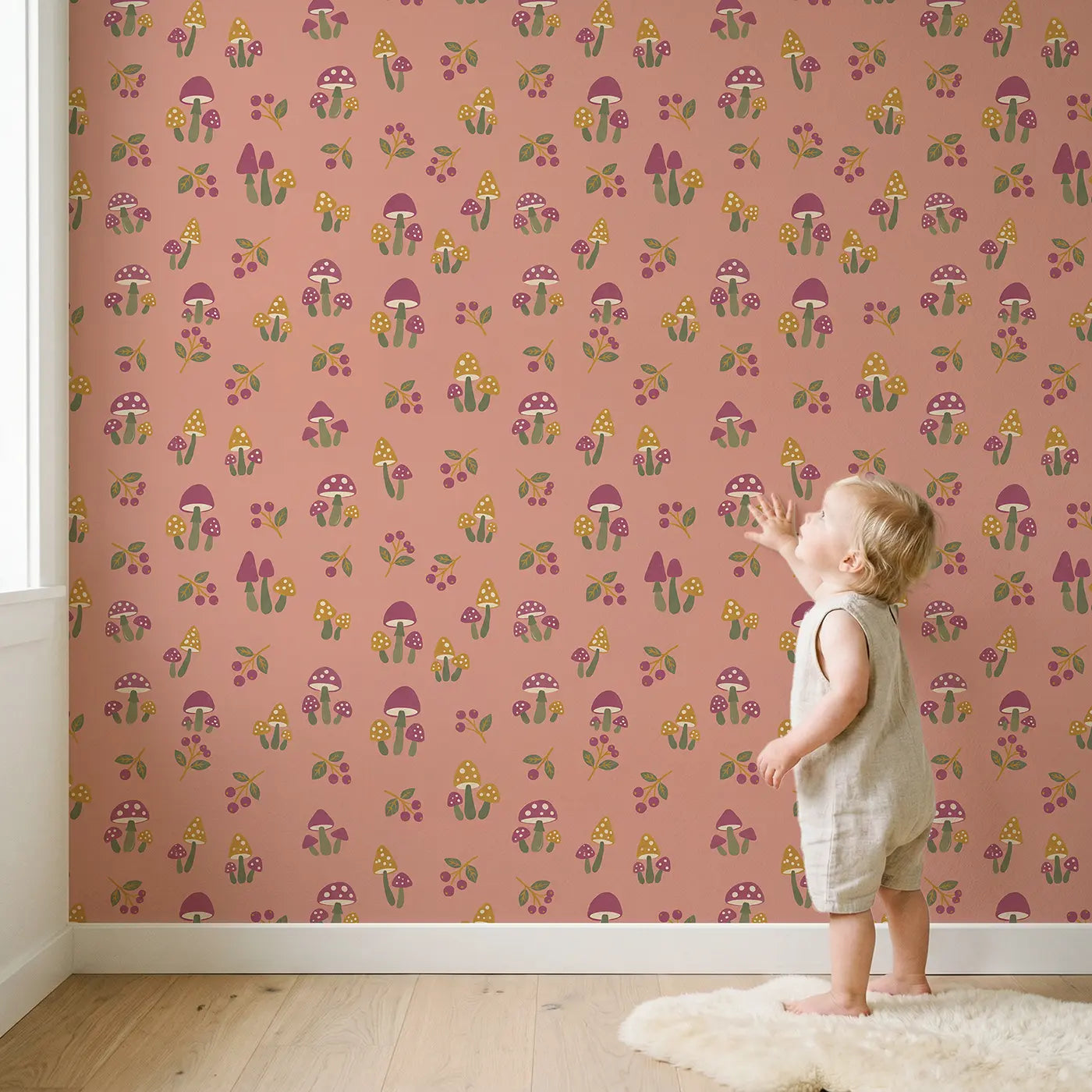 Miniature Mushroom Garden Modern Illustration wallpaper in styled kids room - Whimsy Tots