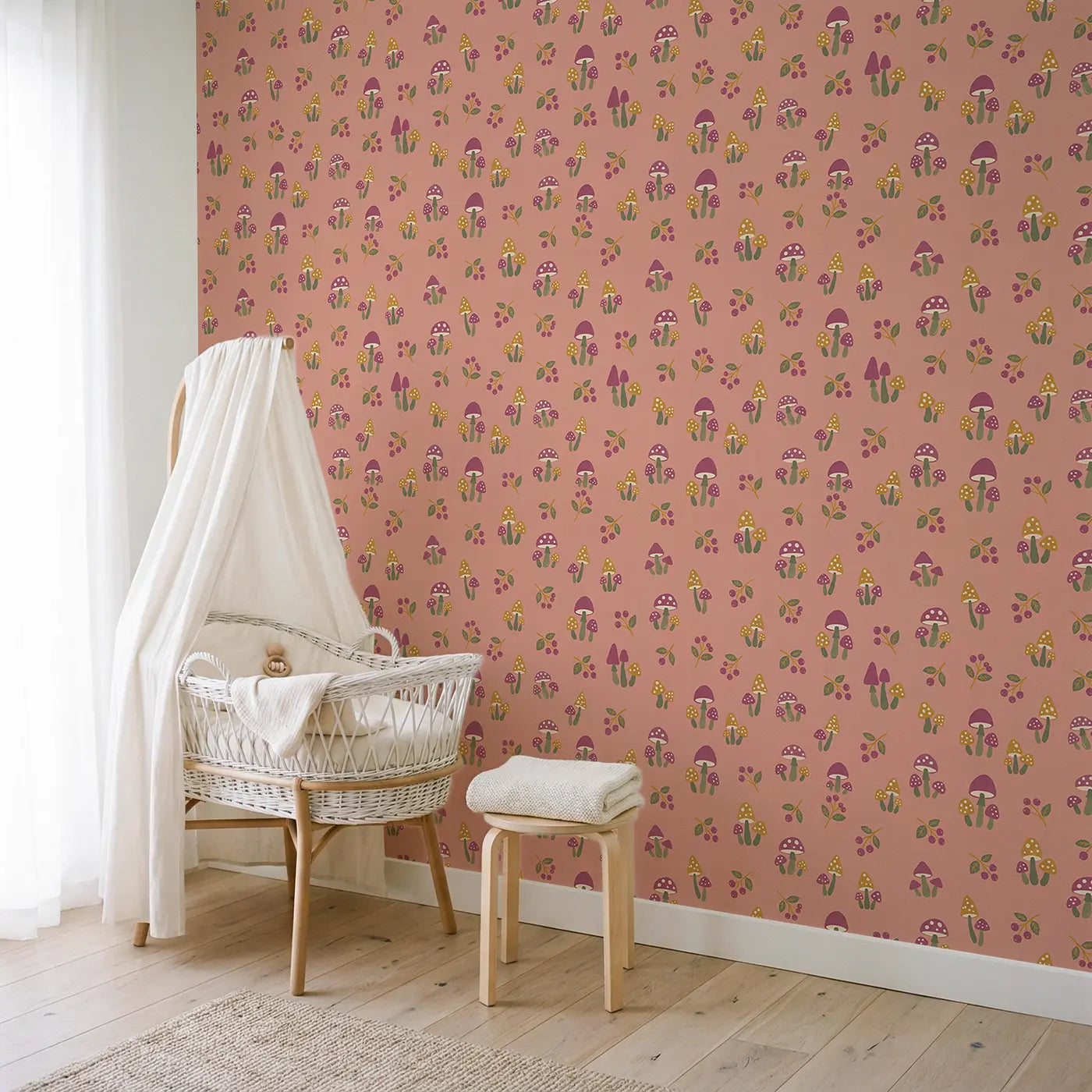 Miniature Mushroom Garden Modern Illustration wallpaper in Scandinavian nursery - Whimsy Tots