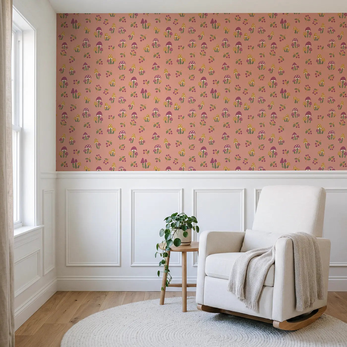 Miniature Mushroom Garden Modern Illustration wallpaper above wainscoting - Whimsy Tots