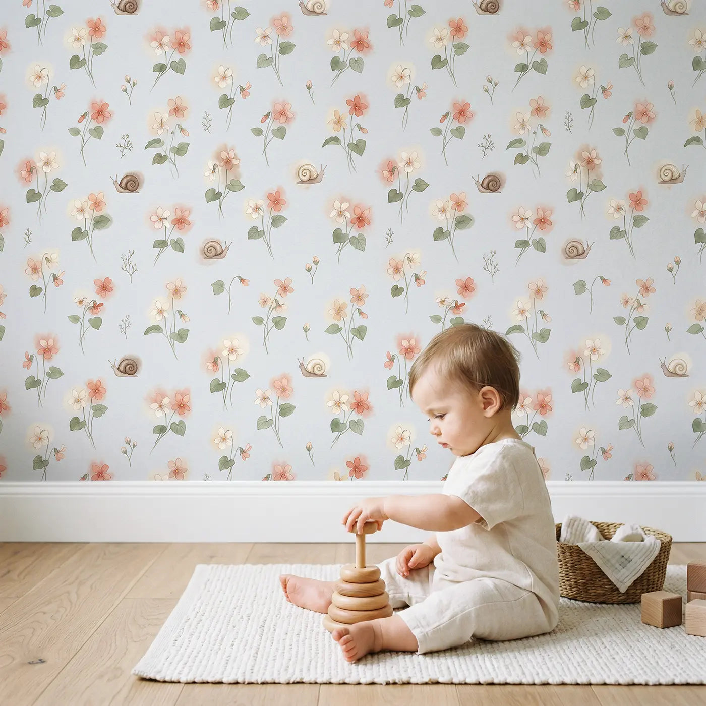 Tiny Woodland Violets Watercolor wallpaper in styled kids room - Whimsy Tots