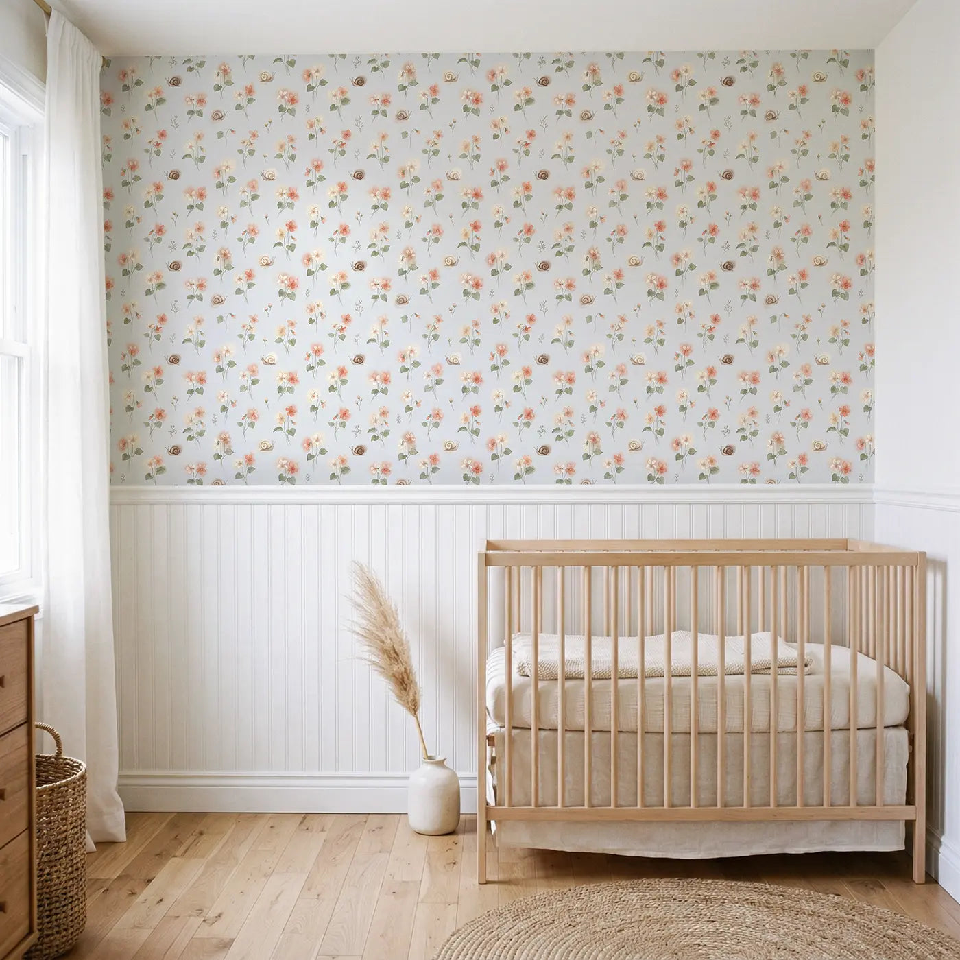 Tiny Woodland Violets Watercolor wallpaper above wainscoting - Whimsy Tots
