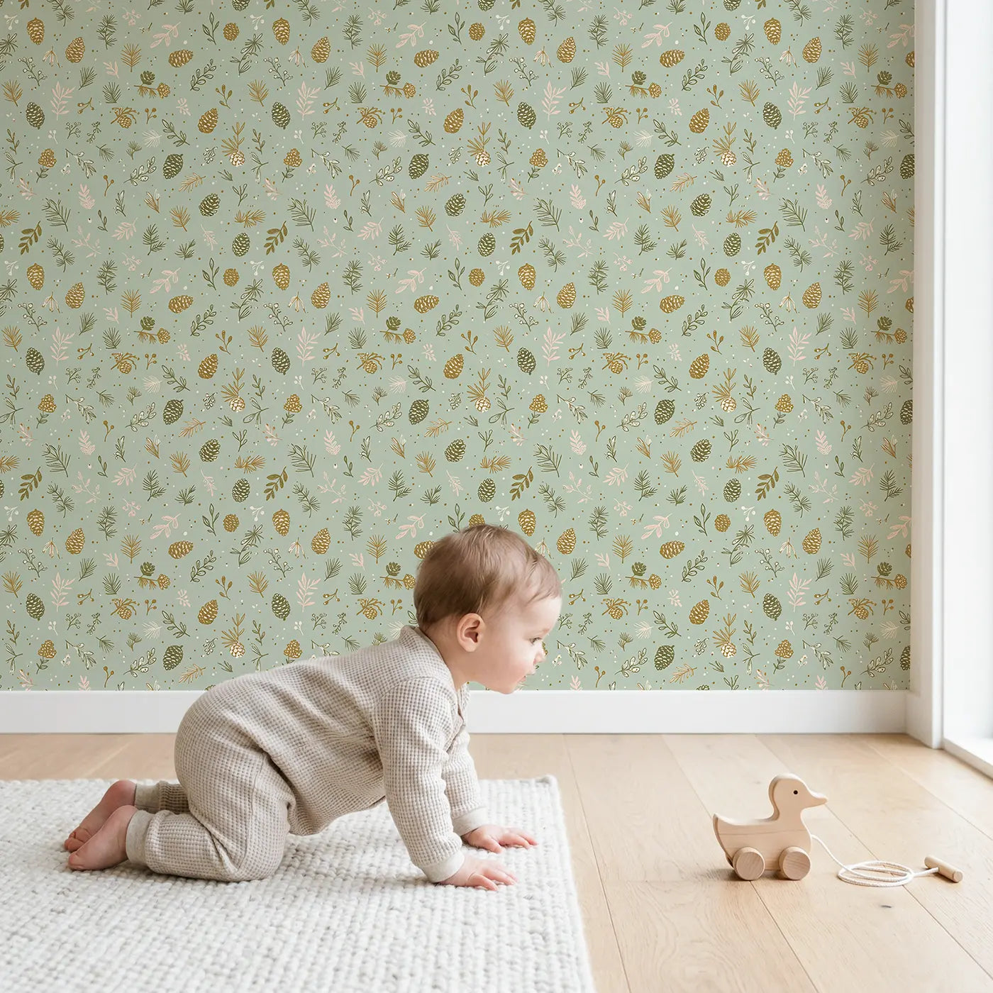 Pinecones Needles Ditsy Floral wallpaper in styled kids room - Whimsy Tots