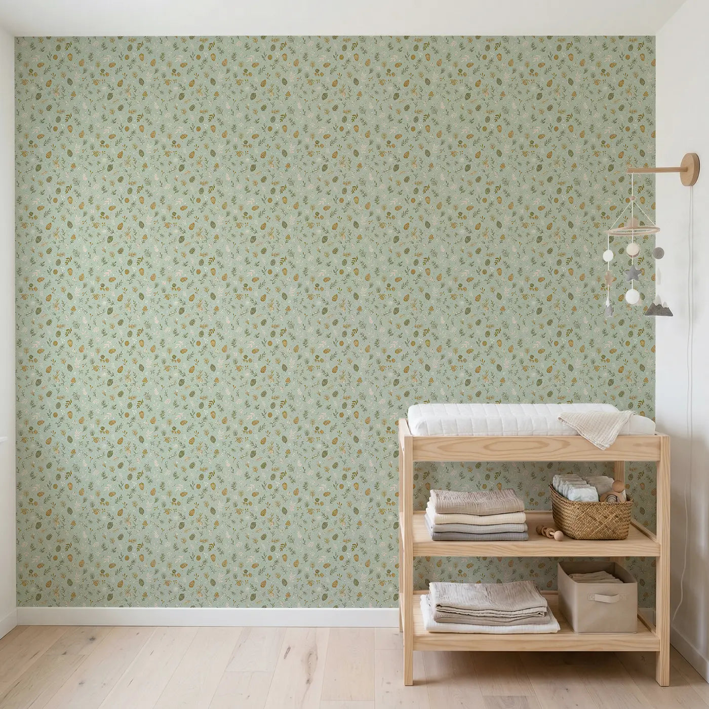 Pinecones Needles Ditsy Floral wallpaper in Scandinavian nursery - Whimsy Tots