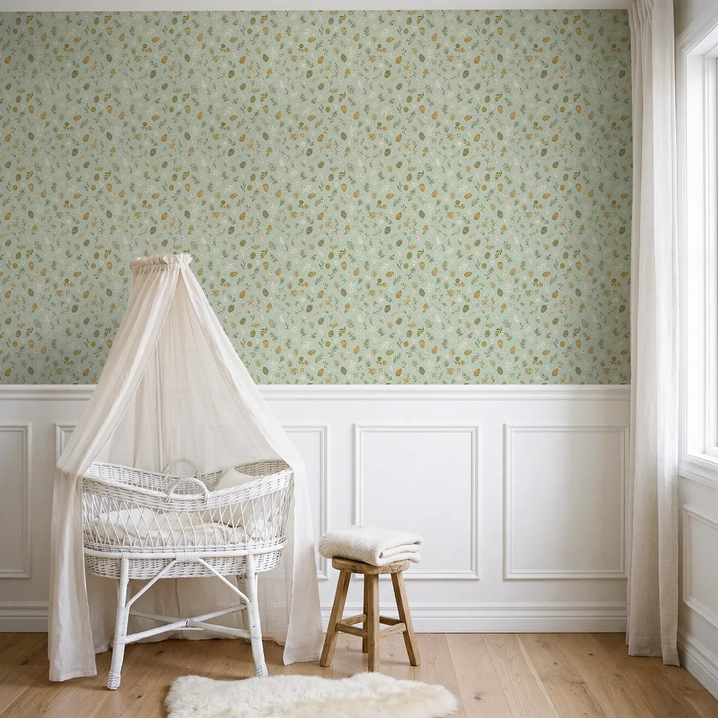 Pinecones Needles Ditsy Floral wallpaper above wainscoting - Whimsy Tots