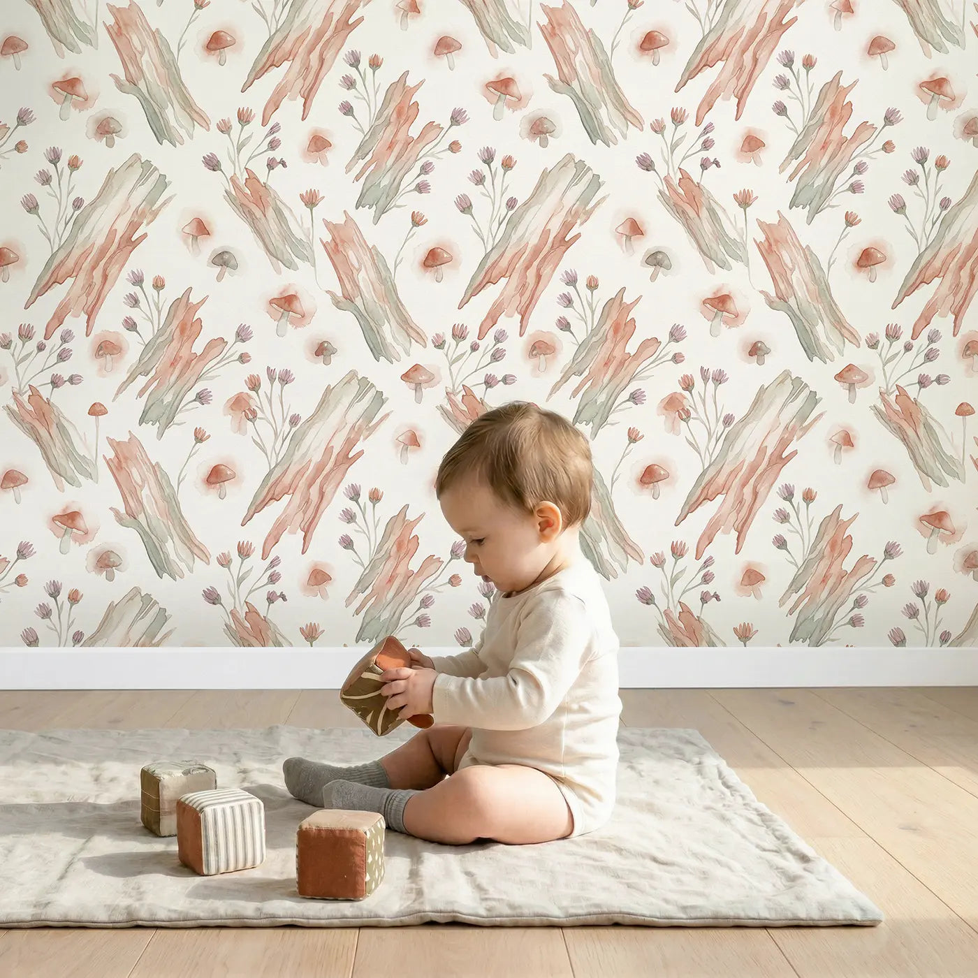 Tree Bark Watercolor wallpaper in styled kids room - Whimsy Tots