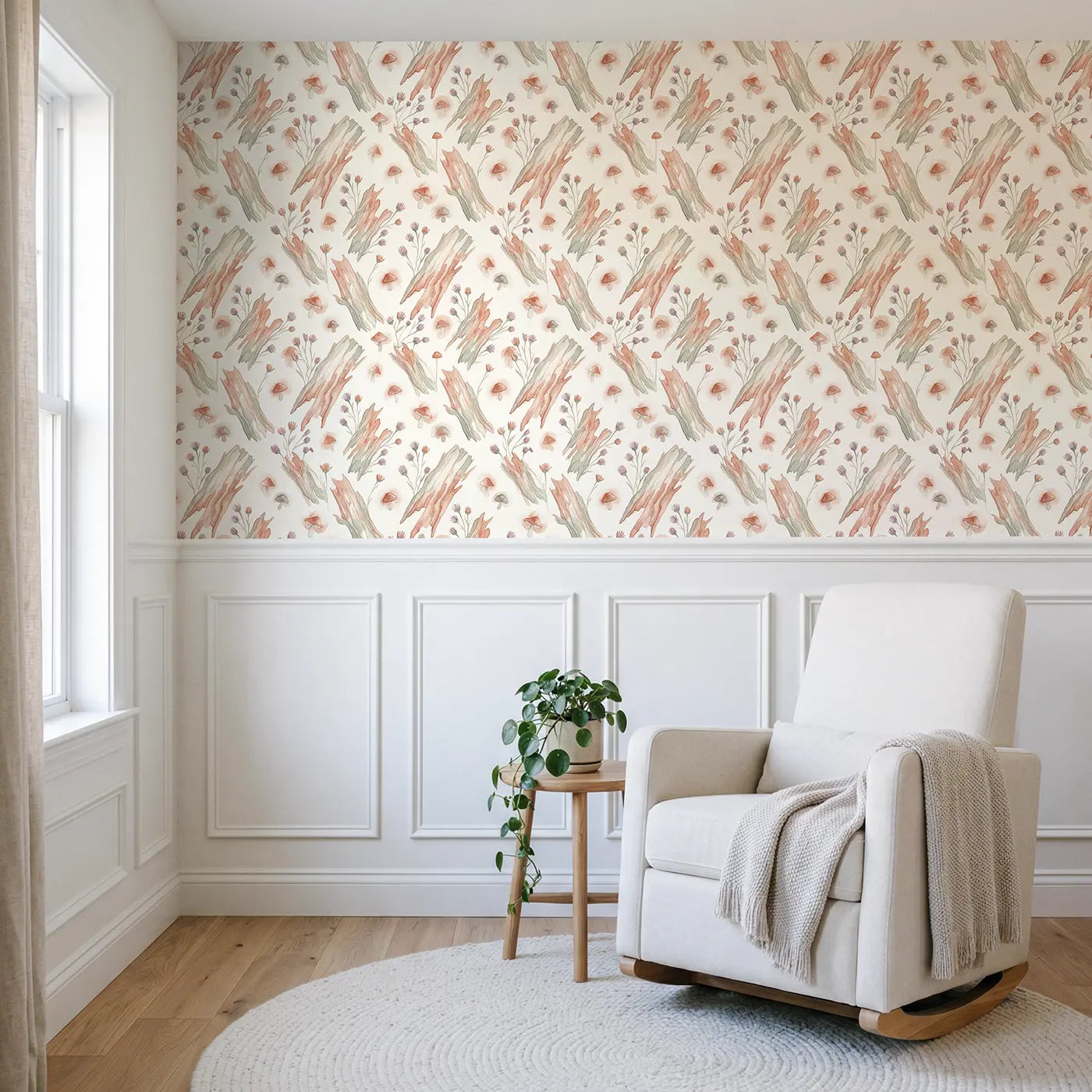Tree Bark Watercolor wallpaper above wainscoting - Whimsy Tots