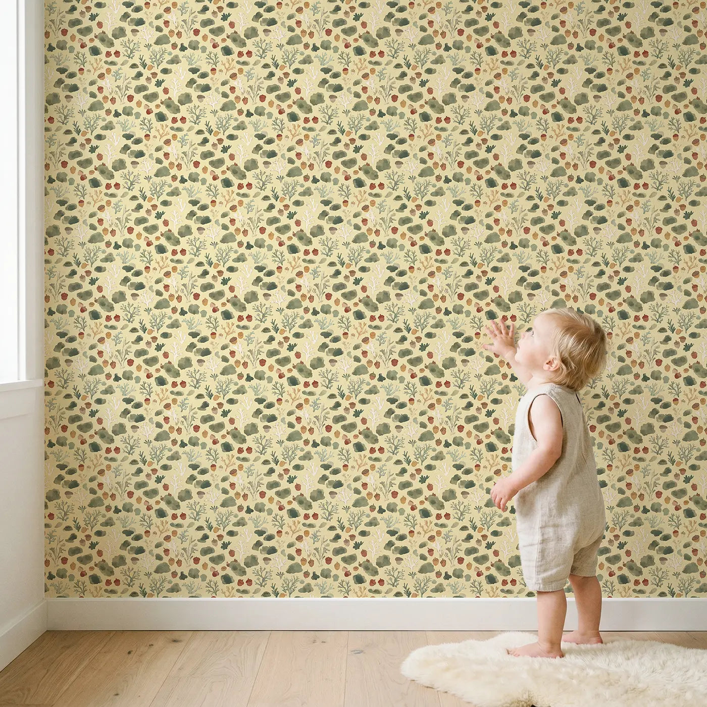 Moss Lichen Ditsy Floral wallpaper in styled kids room - Whimsy Tots
