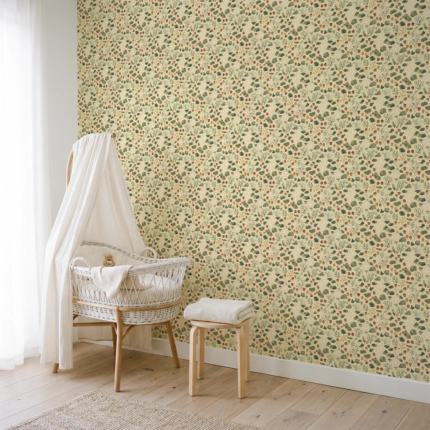 Moss Lichen Ditsy Floral wallpaper in Scandinavian nursery - Whimsy Tots