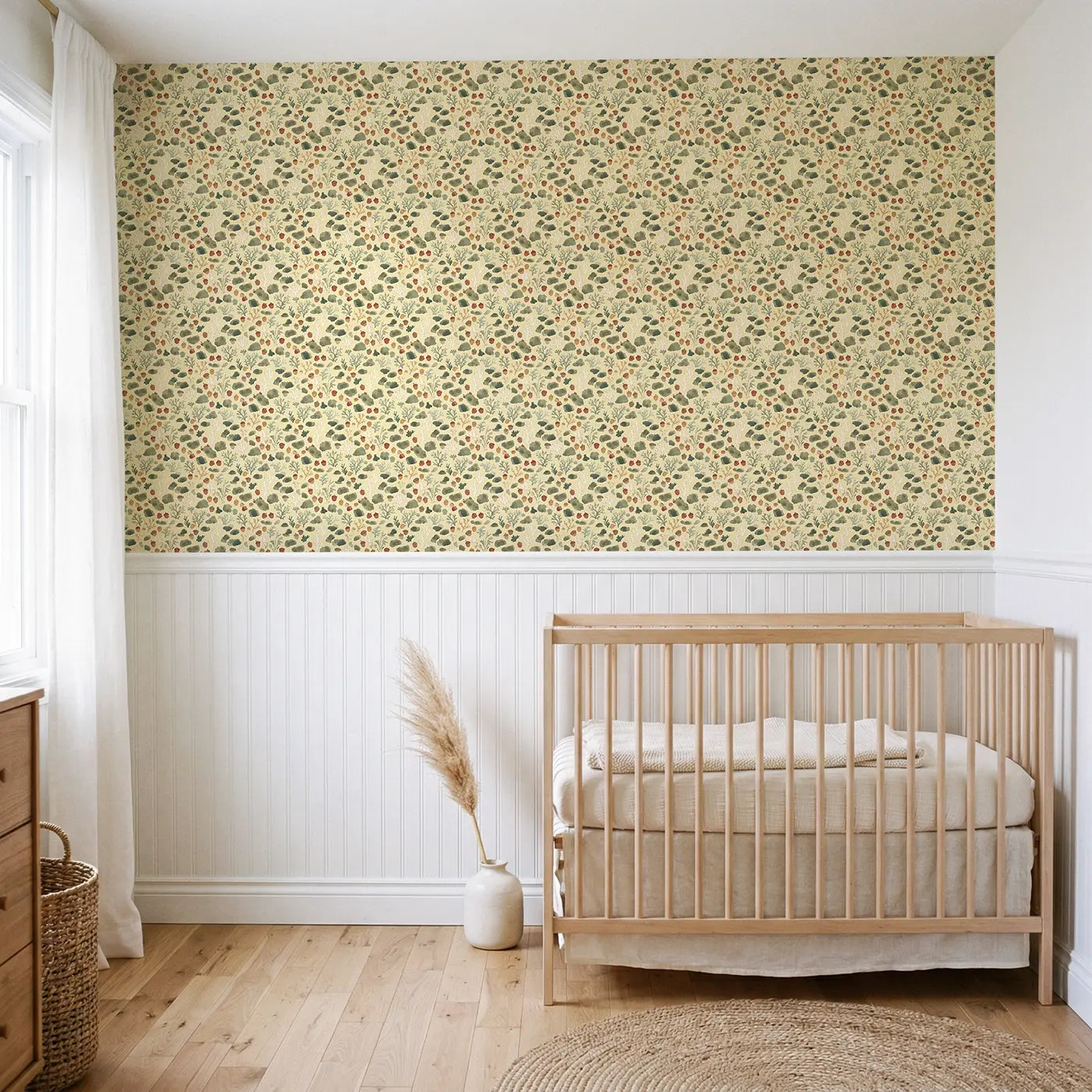 Moss Lichen Ditsy Floral wallpaper above wainscoting - Whimsy Tots