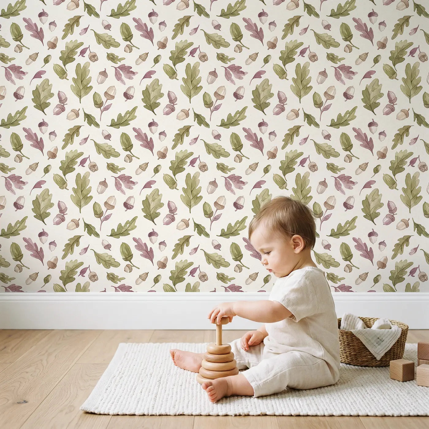 Acorns Oak Watercolor wallpaper in styled kids room - Whimsy Tots