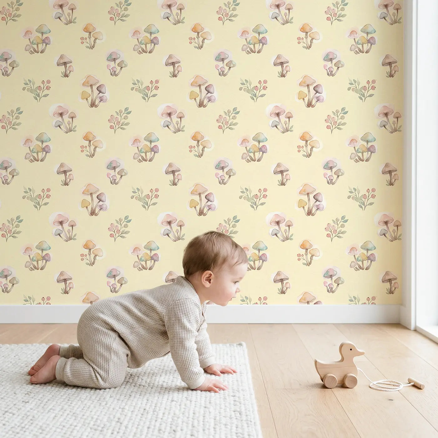 Pastel Mushroom Watercolor wallpaper in styled kids room - Whimsy Tots