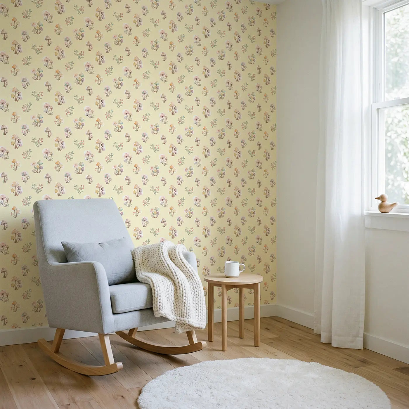 Pastel Mushroom Watercolor wallpaper in Scandinavian nursery - Whimsy Tots