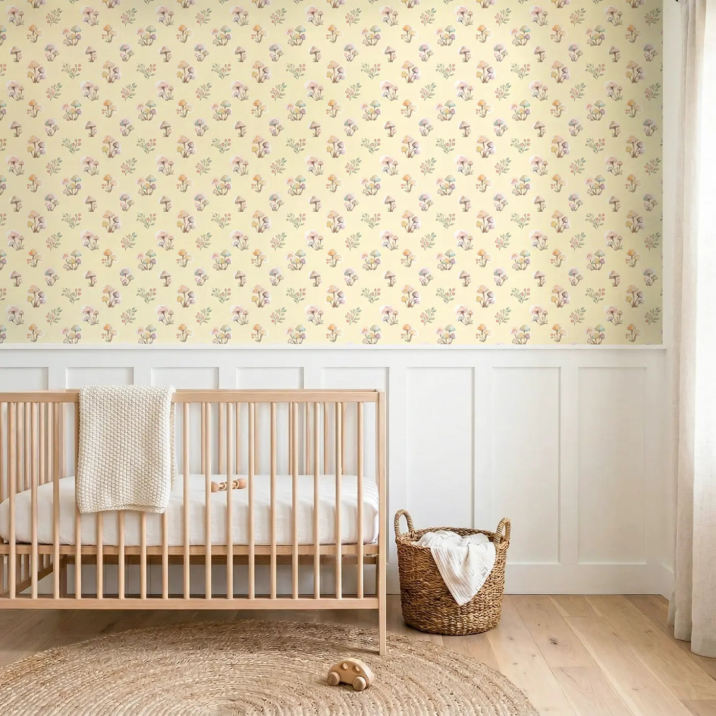 Pastel Mushroom Watercolor wallpaper above wainscoting - Whimsy Tots