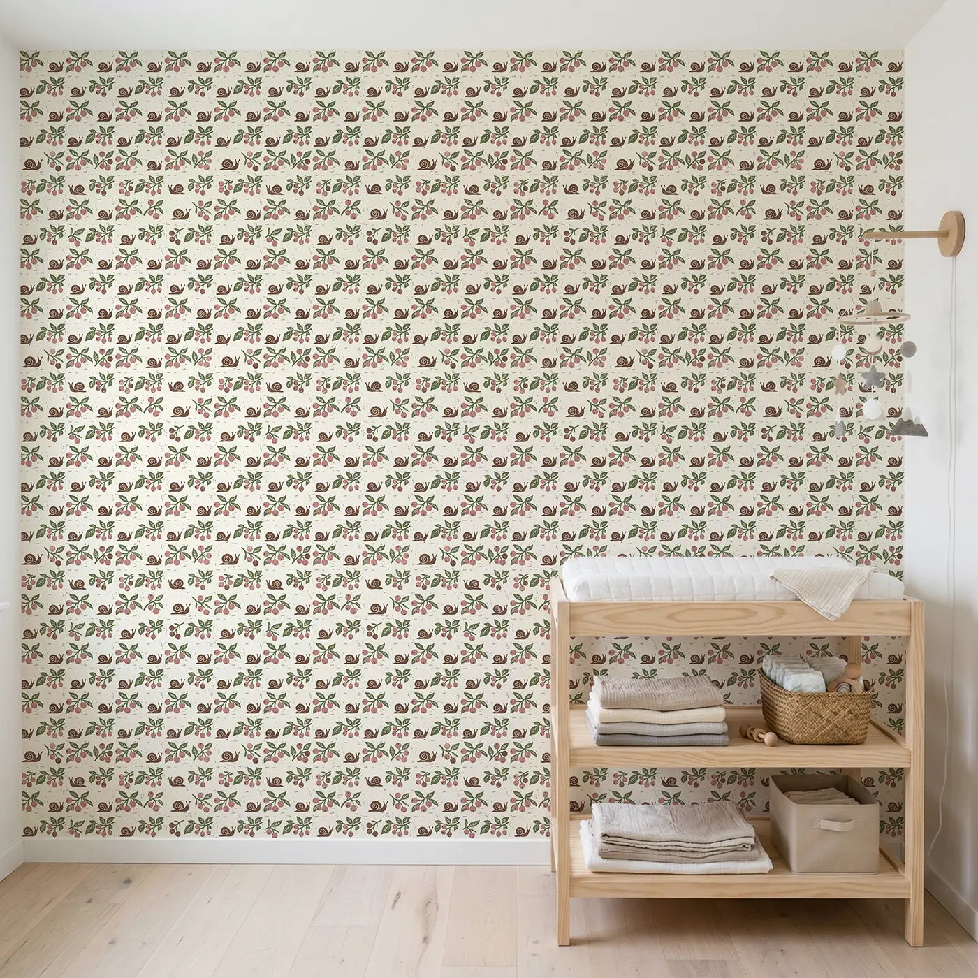 Berry Branches Block Print wallpaper in Scandinavian nursery - Whimsy Tots
